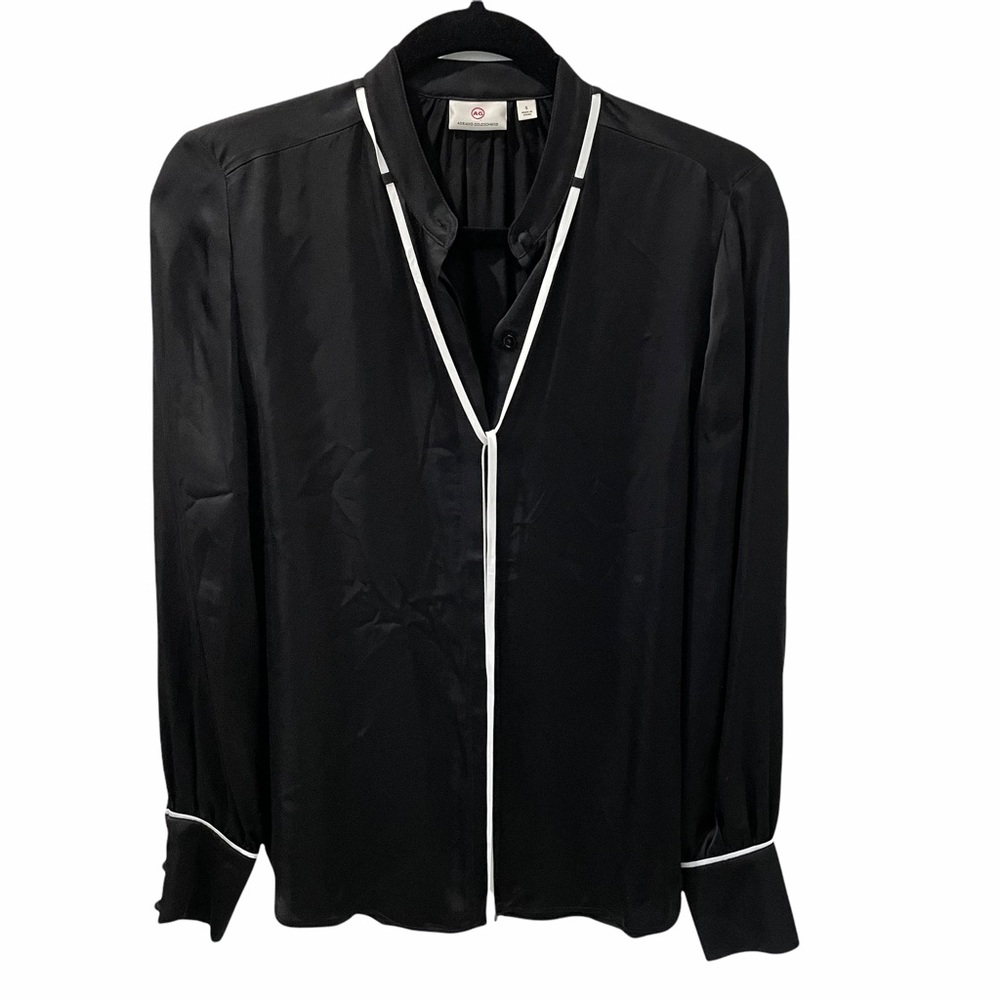 AGolde Winslet Black Silky Blouse White Tie Detail